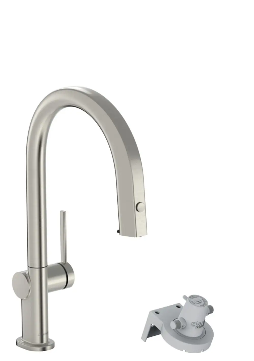 Küchenarmatur mit Ausziehbrause und zwei Wasserstrahloptionen in Edelstahl-Finish von Hansgrohe, mit Schwenkauslauf und seitlichem Bedienhebel.